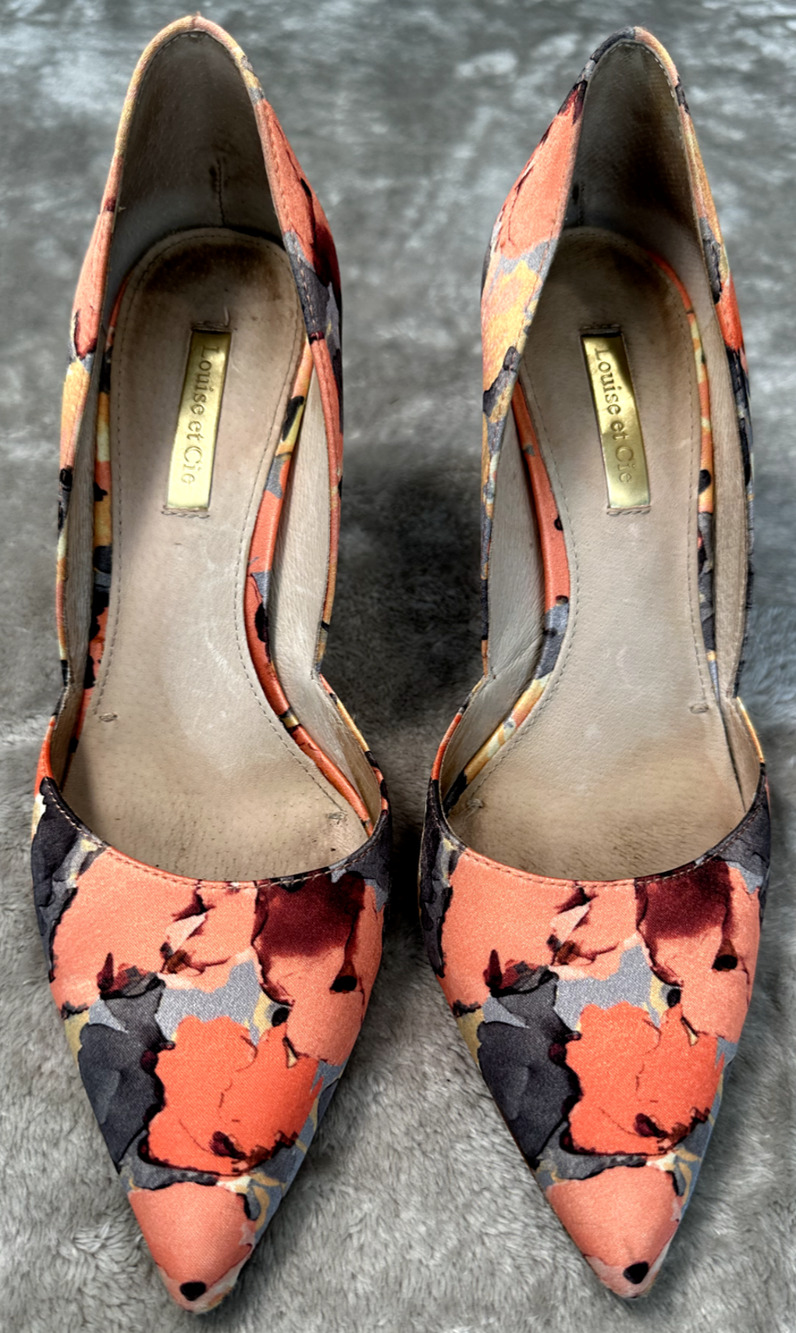 Louise et Cie Hermosah Satin Floral Orange Gray Heels Pumps Womens Size 7